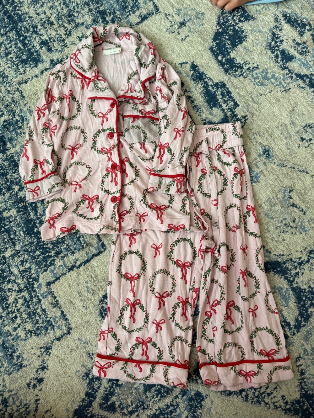 Girls Pink Holiday Wreath Pajama Set with Red Trim